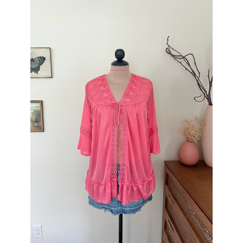 Vintage 70s Sindrella Coral Lace Tie Front Blouse Chemise